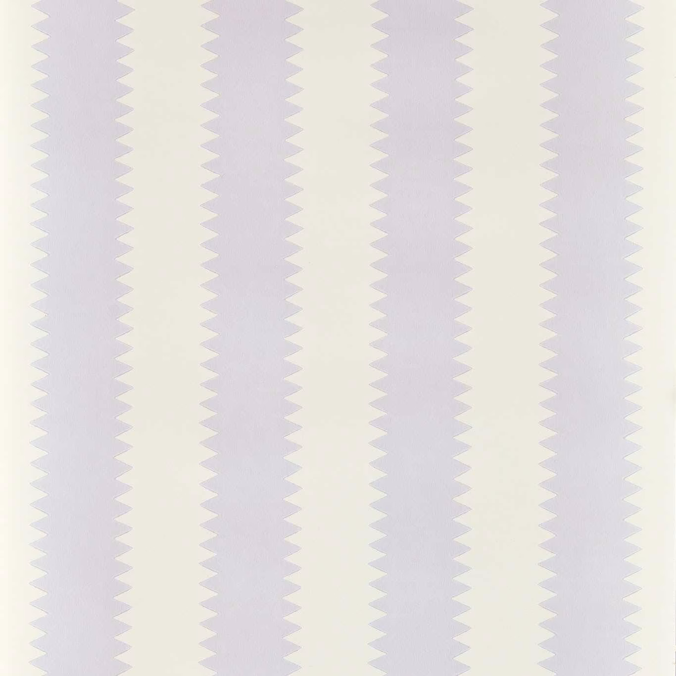Pale lilac wallpaper with vertical serrated stripe motifs on an ivory ground