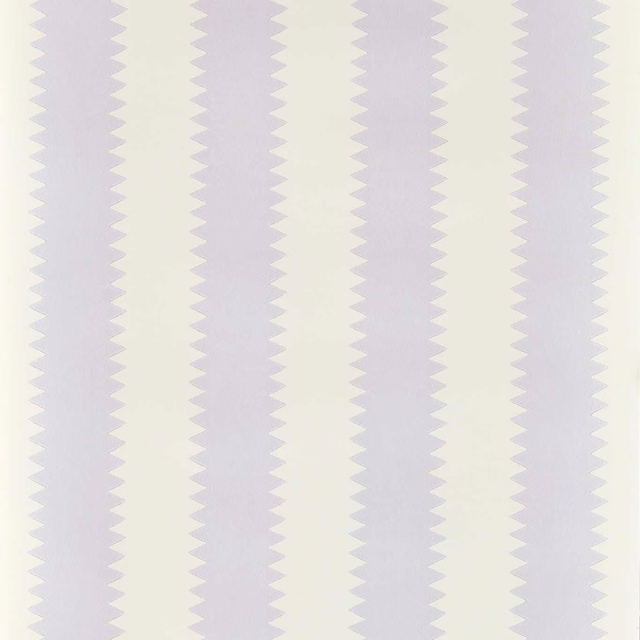 Pale lilac wallpaper with vertical serrated stripe motifs on an ivory ground