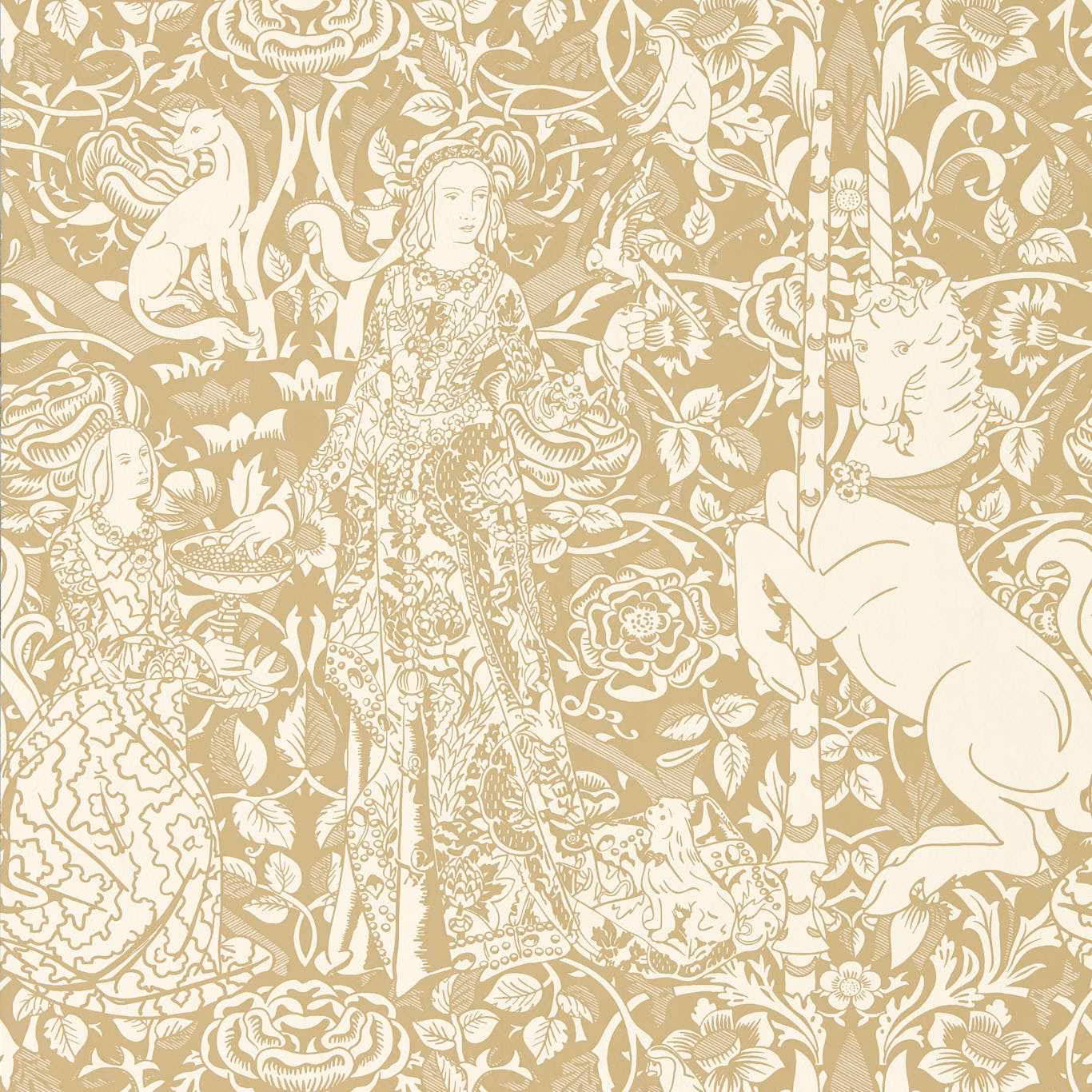 Bone beige wallpaper with alabaster robed figures, unicorns, birds and dense florals