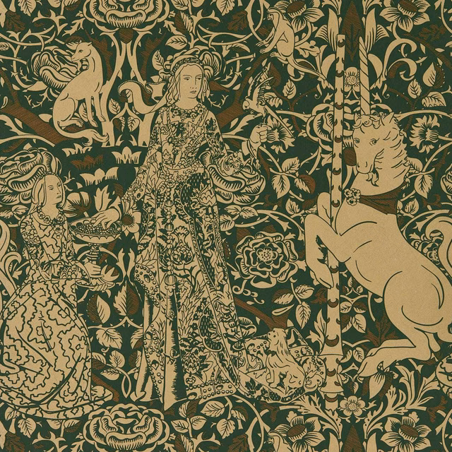 Deep green wallpaper with bronze courtly figures, animals, flowers and dense scrolling foliage
