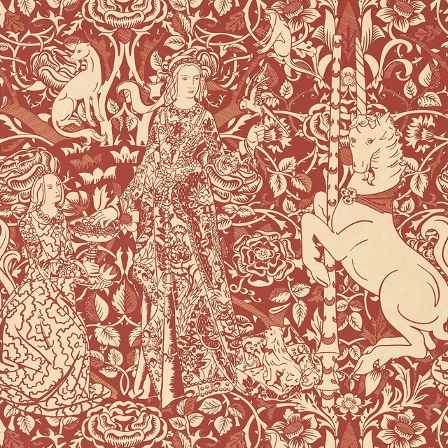 Madder red wallpaper with parchment unicorns, figures, flowers and scrolling foliage