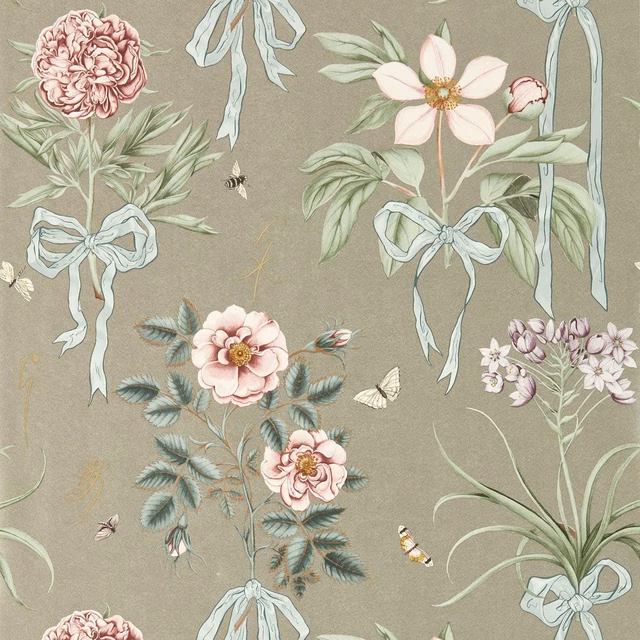 Muted khaki wallpaper with blush peonies, pale blue bows, sage leaves and scattered insects