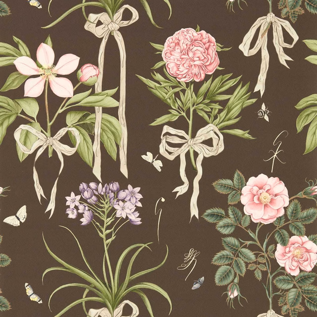 Chocolate-brown wallpaper with pink peonies, ribbon bows, green leaves and butterflies