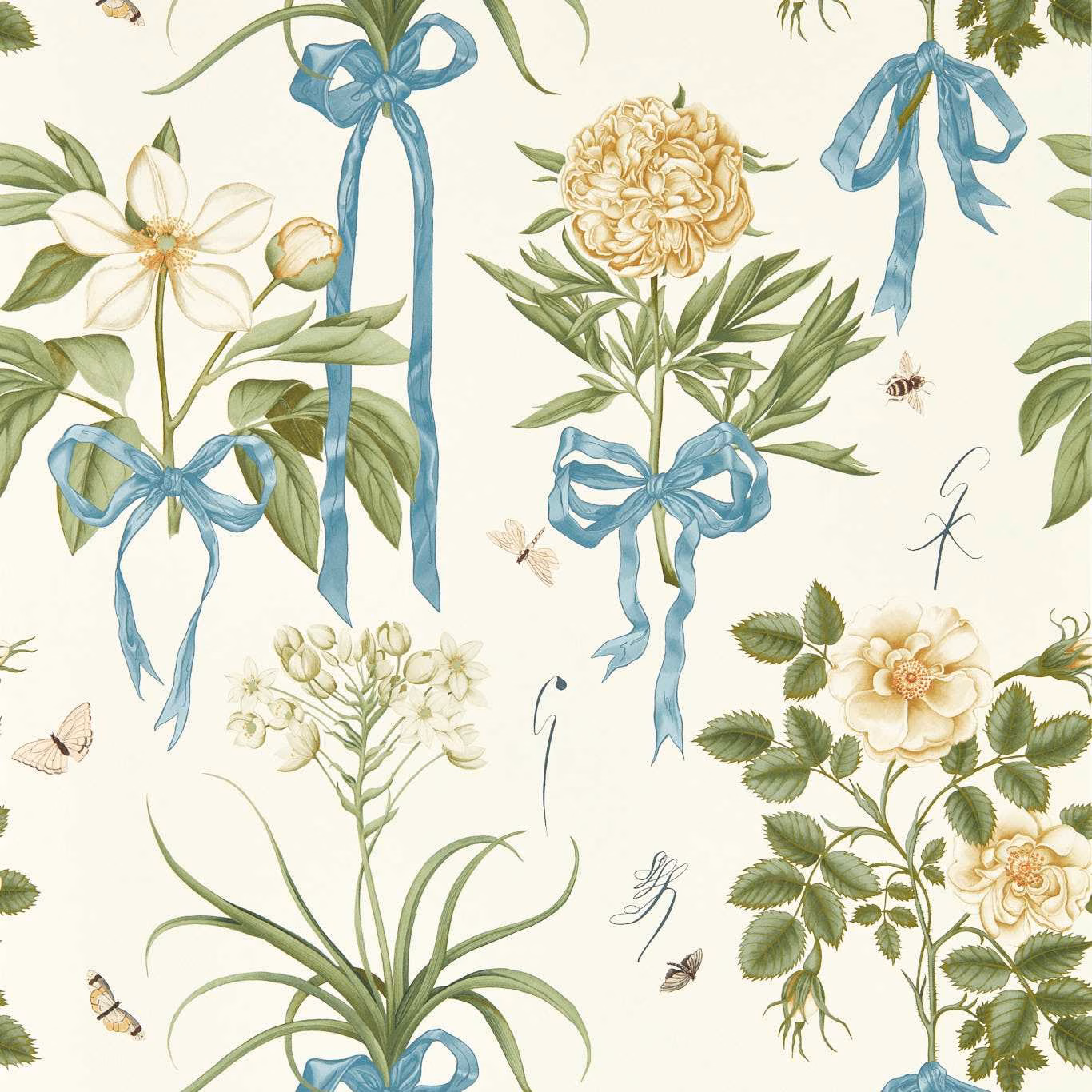 Chalk-cream botanical wallpaper with blue bows, peonies, green leaves and tiny insects