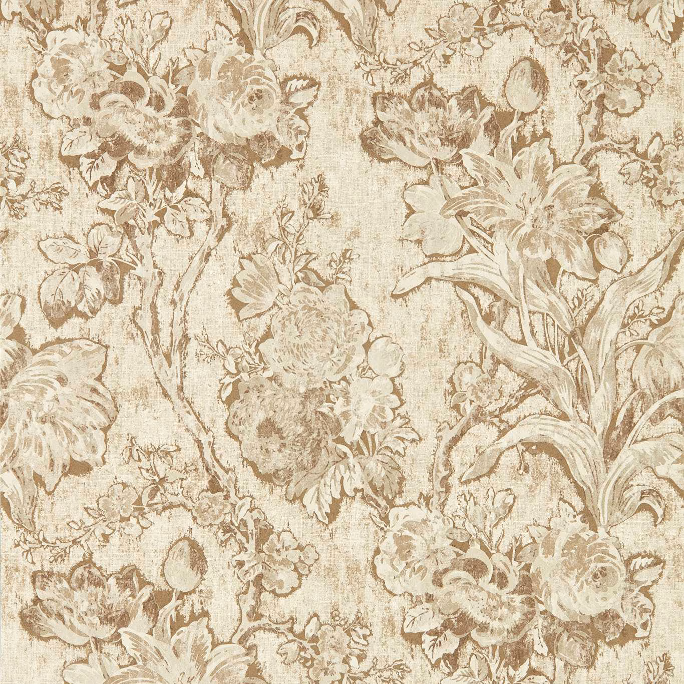 Warm beige wallpaper with sepia tulips, dense floral outlines and a softly aged ground