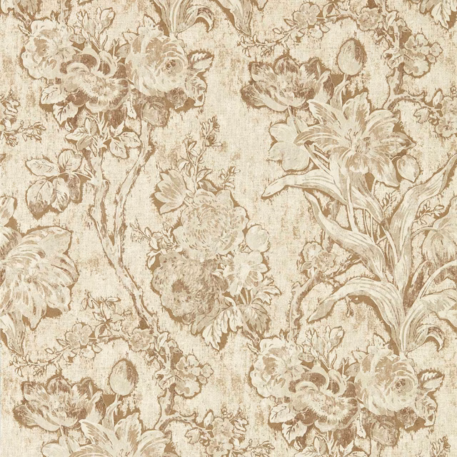 Warm beige wallpaper with sepia tulips, dense floral outlines and a softly aged ground