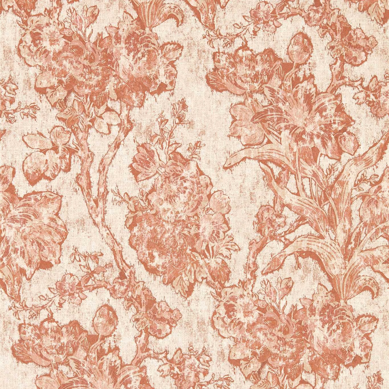 Putty wallpaper with densely drawn terracotta tulips, peonies, leaves and scrolling stems