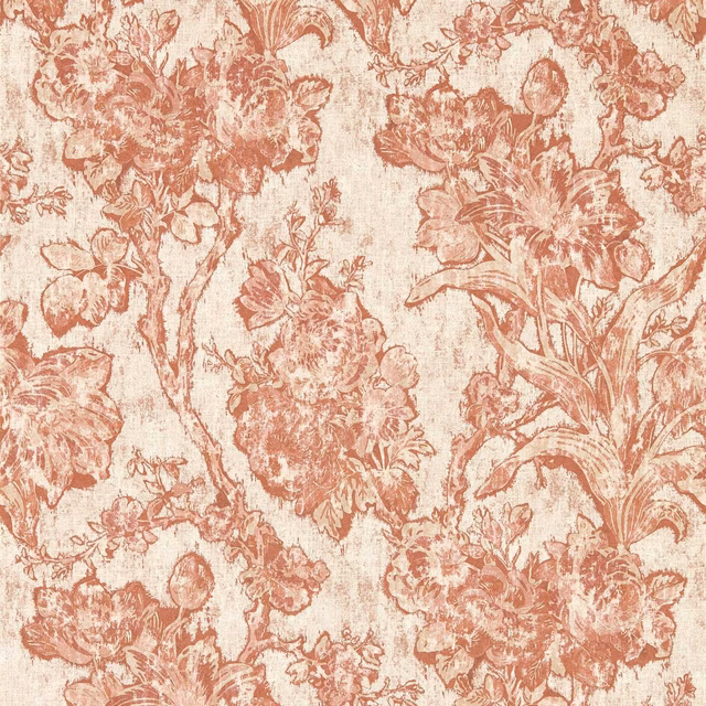Putty wallpaper with densely drawn terracotta tulips, peonies, leaves and scrolling stems