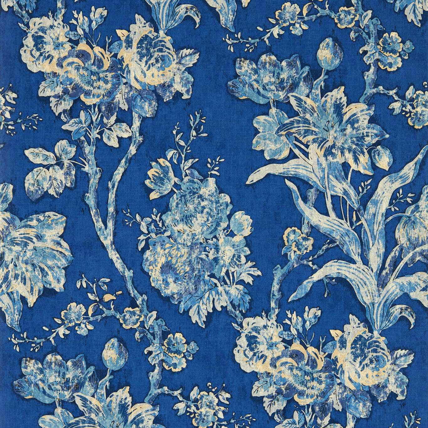 Cream and icy-blue tulip florals on a deep smalt-blue wallpaper ground
