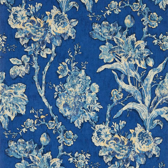 Cream and icy-blue tulip florals on a deep smalt-blue wallpaper ground