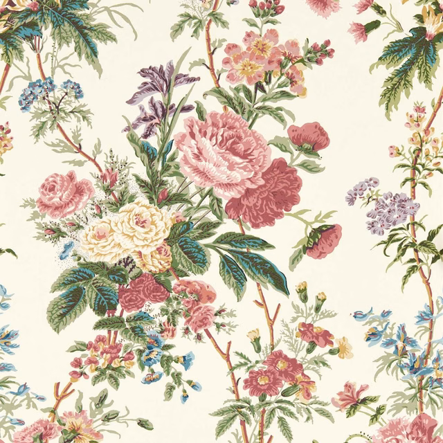 Cream ground with carmine roses, blush flowers, green foliage and lilac sprigs
