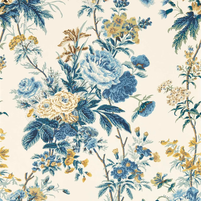 Warm cream wallpaper with oversized blue bouquets, fern leaves and ochre blossoms