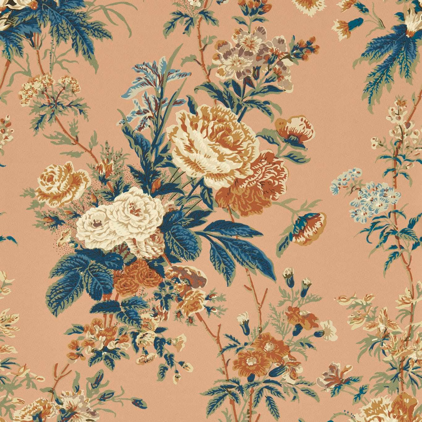 Sandstone peach wallpaper with blue foliage and layered cream floral bouquets