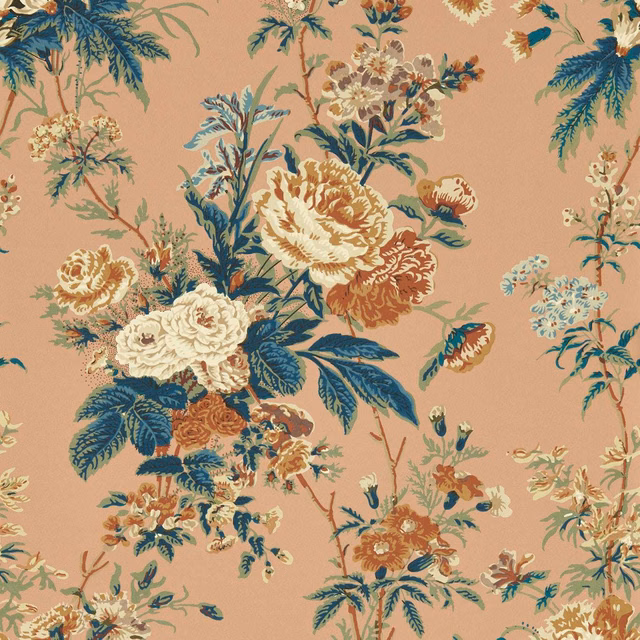 Sandstone peach wallpaper with blue foliage and layered cream floral bouquets