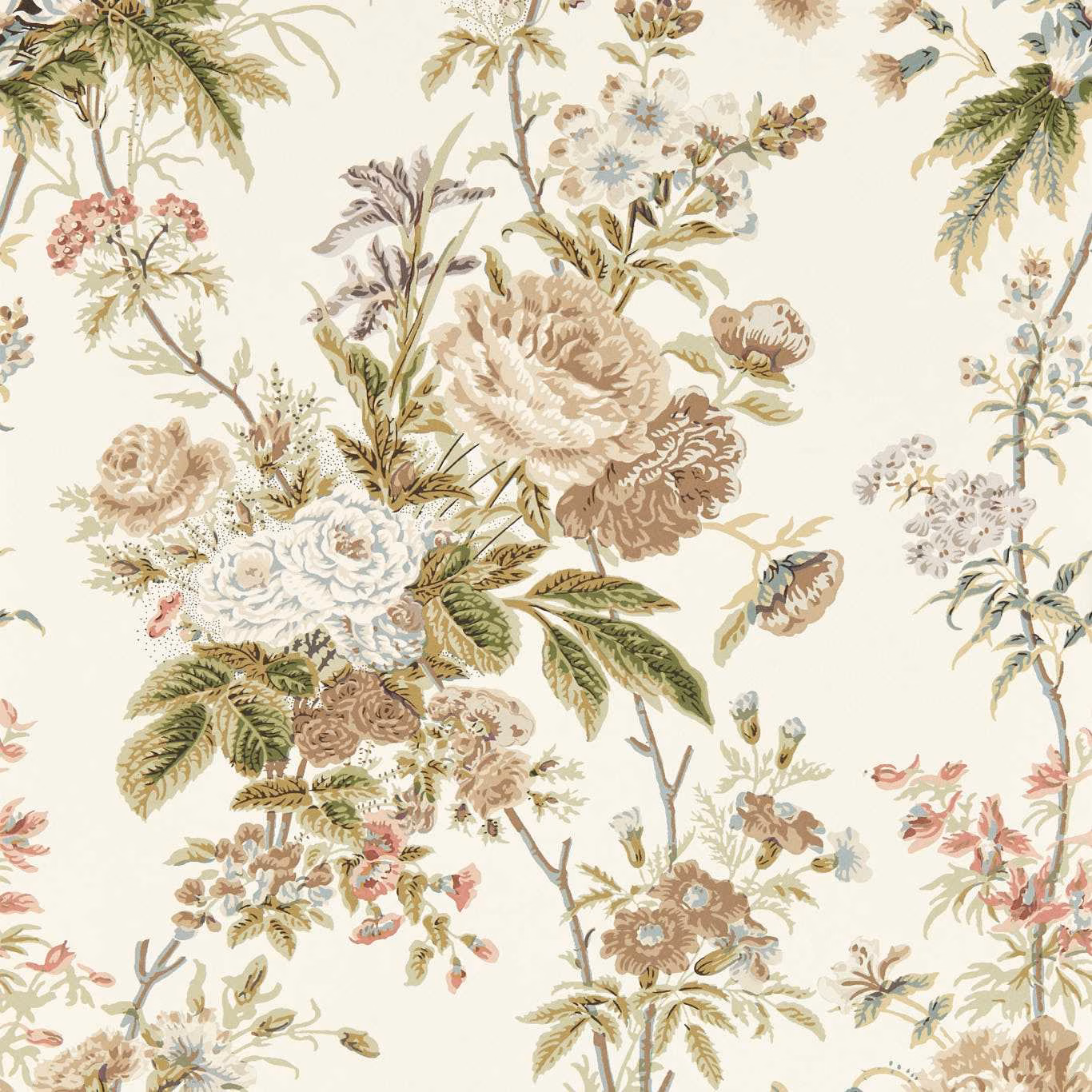 Warm cream wallpaper with oversized faded florals, leafy stems and dusty blue accents