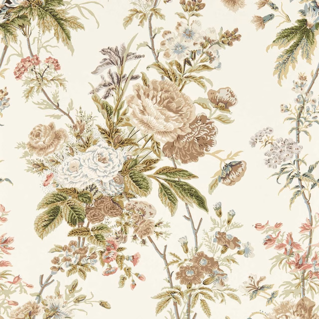 Warm cream wallpaper with oversized faded florals, leafy stems and dusty blue accents