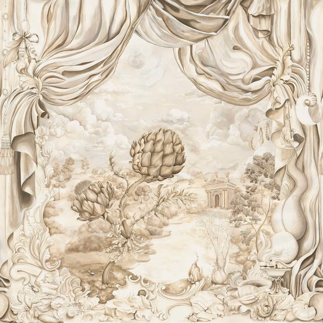 Warm alabaster scenic wallpaper with sepia curtains, artichoke blooms and classical garden pavilion