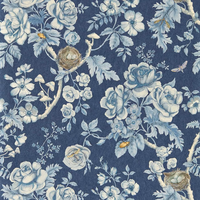 Deep blue floral wallpaper with pale roses, foliage, and bird nests