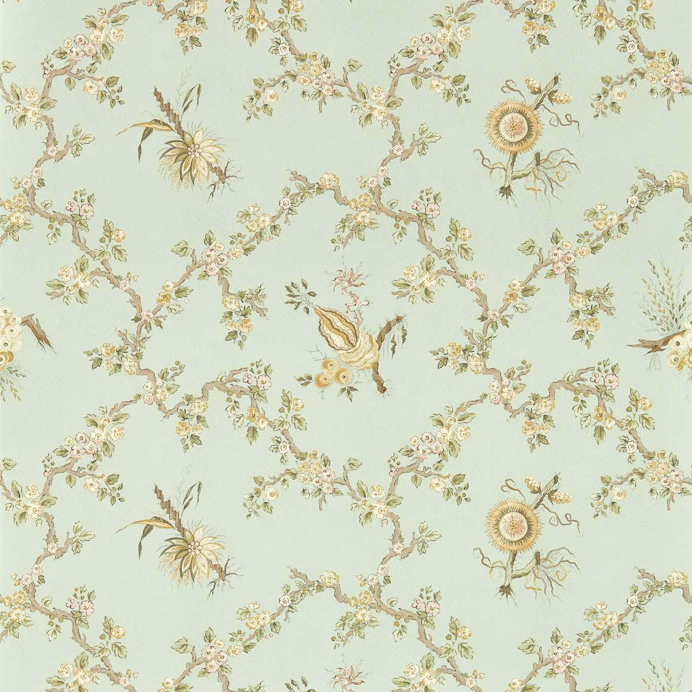 Mint wallpaper with blush floral garlands, sunflower motifs and fine botanical detailing