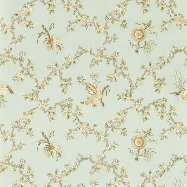 Mint wallpaper with blush floral garlands, sunflower motifs and fine botanical detailing