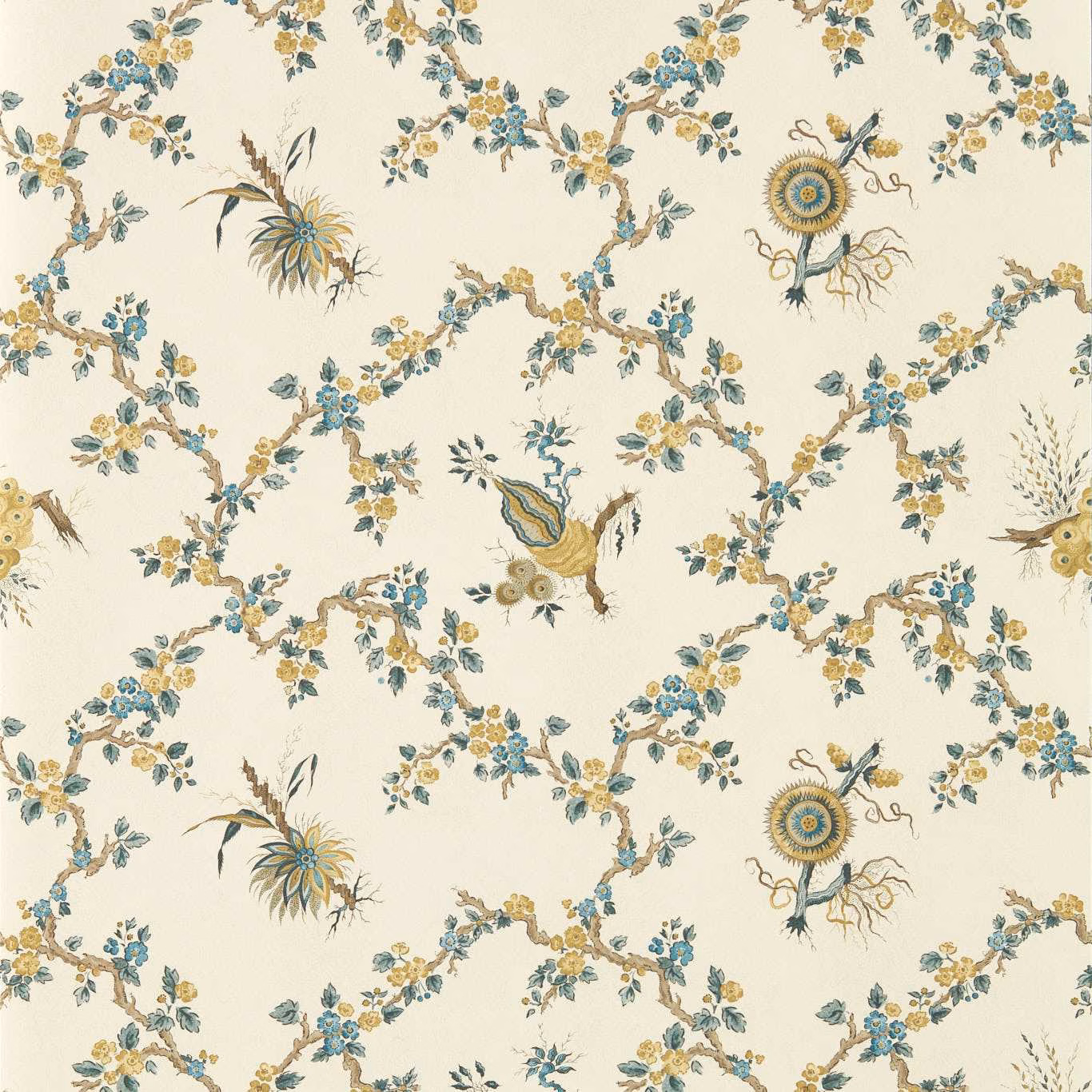 Warm chalk wallpaper with blue floral garlands, ochre blooms and sepia botanical motifs