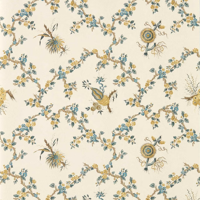 Warm chalk wallpaper with blue floral garlands, ochre blooms and sepia botanical motifs