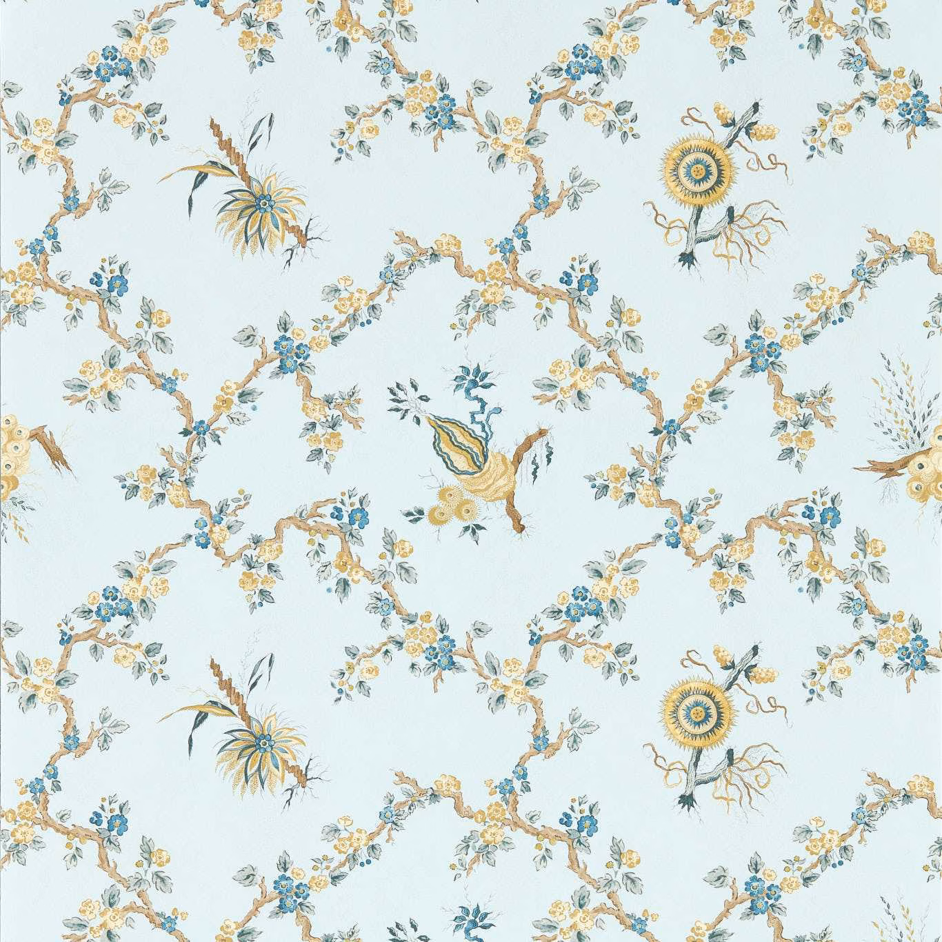 Pale blue wallpaper with looping blossom branches, blue flowers and golden botanical motifs