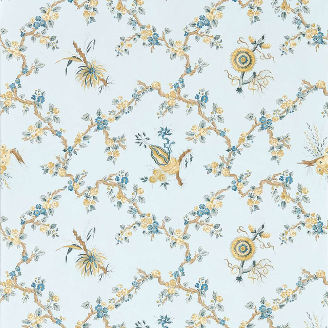 Pale blue wallpaper with looping blossom branches, blue flowers and golden botanical motifs