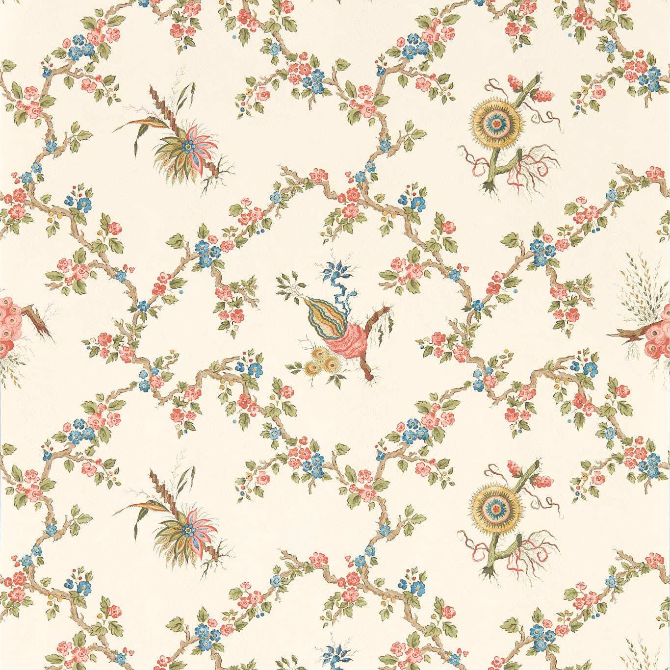 Pale stone wallpaper with raspberry blossoms, blue posies and curling botanical trellis branches