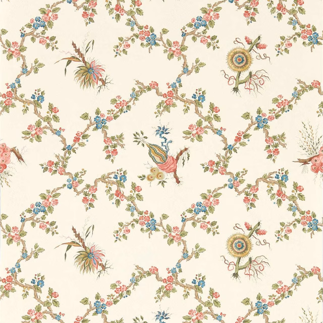Pale stone wallpaper with raspberry blossoms, blue posies and curling botanical trellis branches