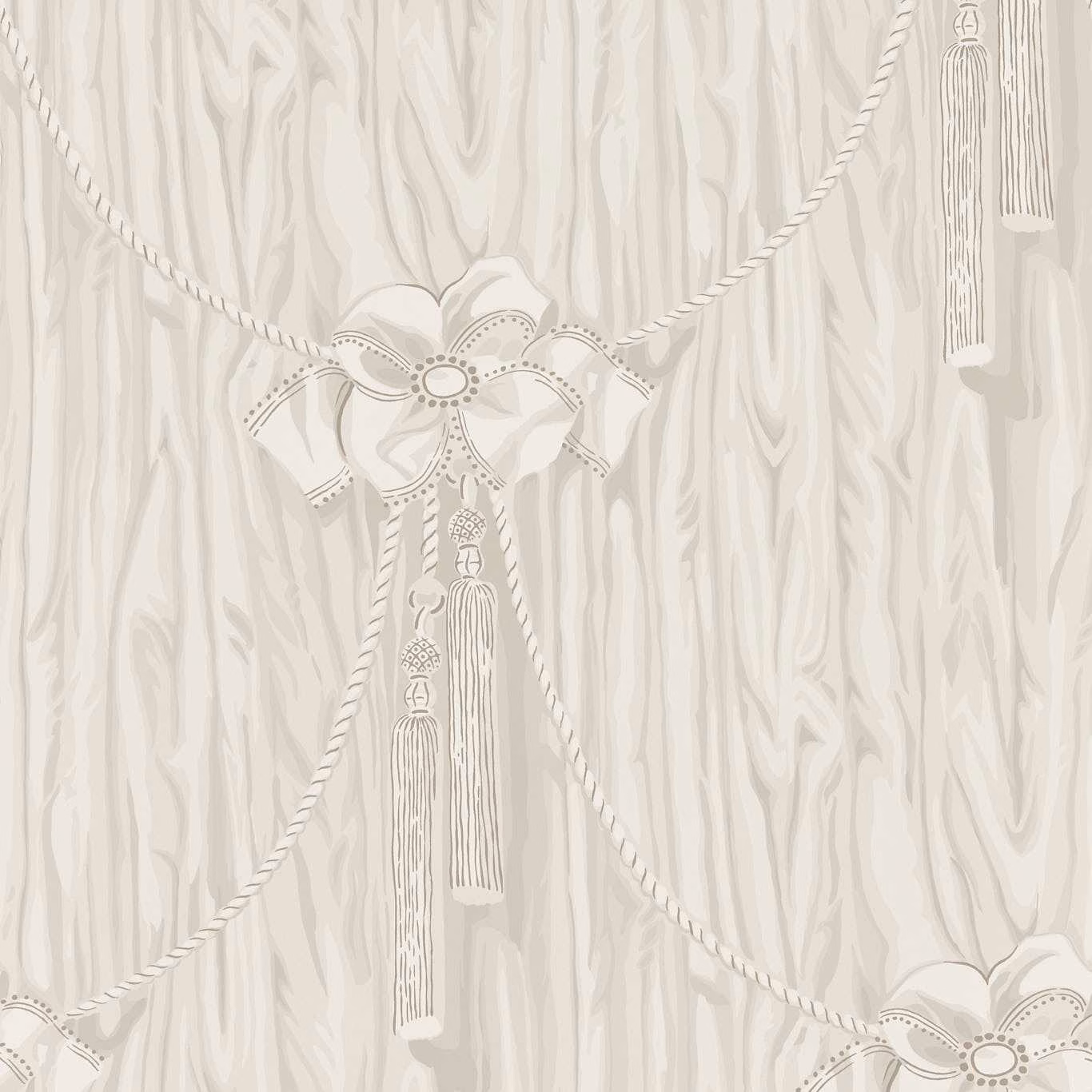 Warm ivory wallpaper with taupe swags, bow medallions, tassels and vertical striations