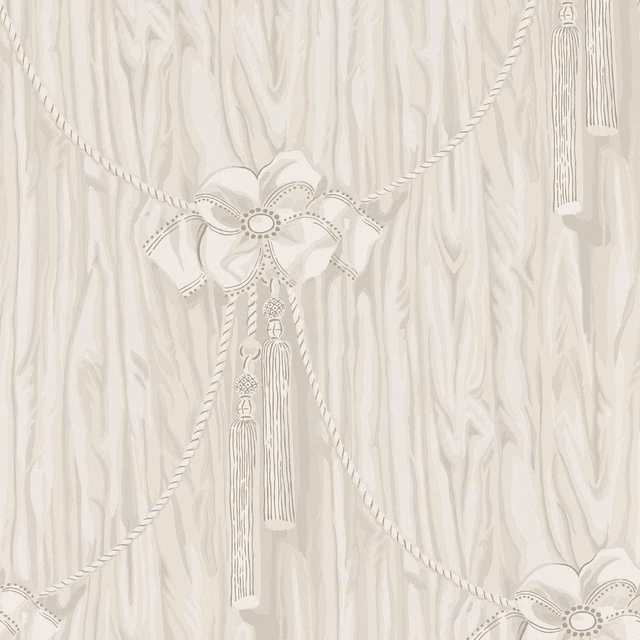 Warm ivory wallpaper with taupe swags, bow medallions, tassels and vertical striations