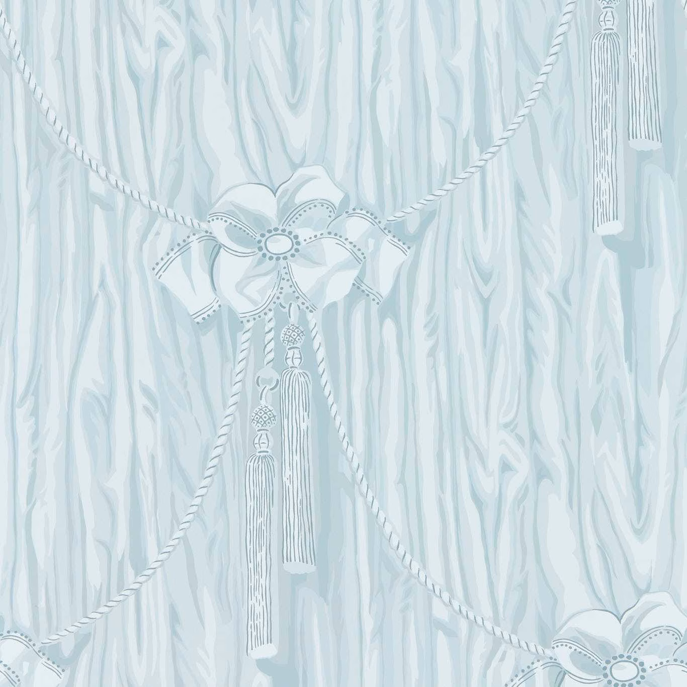 Pale icy blue wallpaper with marbled striations, rope swags, bows and hanging tassels