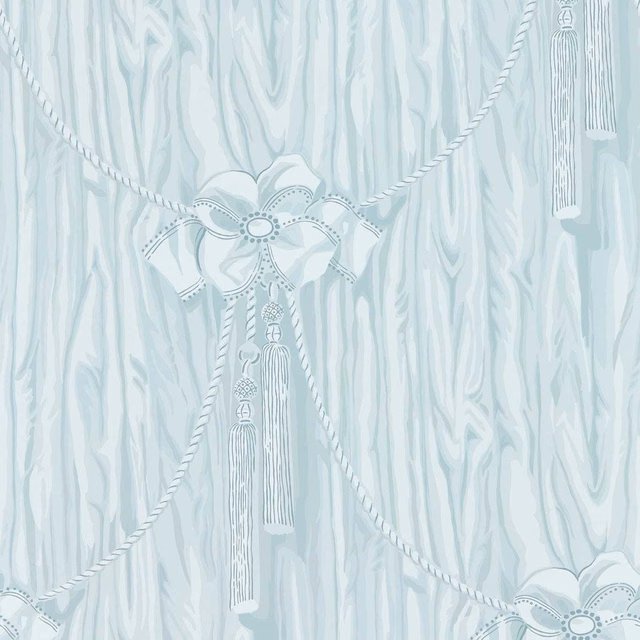 Pale icy blue wallpaper with marbled striations, rope swags, bows and hanging tassels