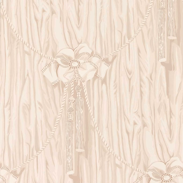 Warm ivory wallpaper with taupe rope swags, bows, tassels and vertical woodgrain motifs