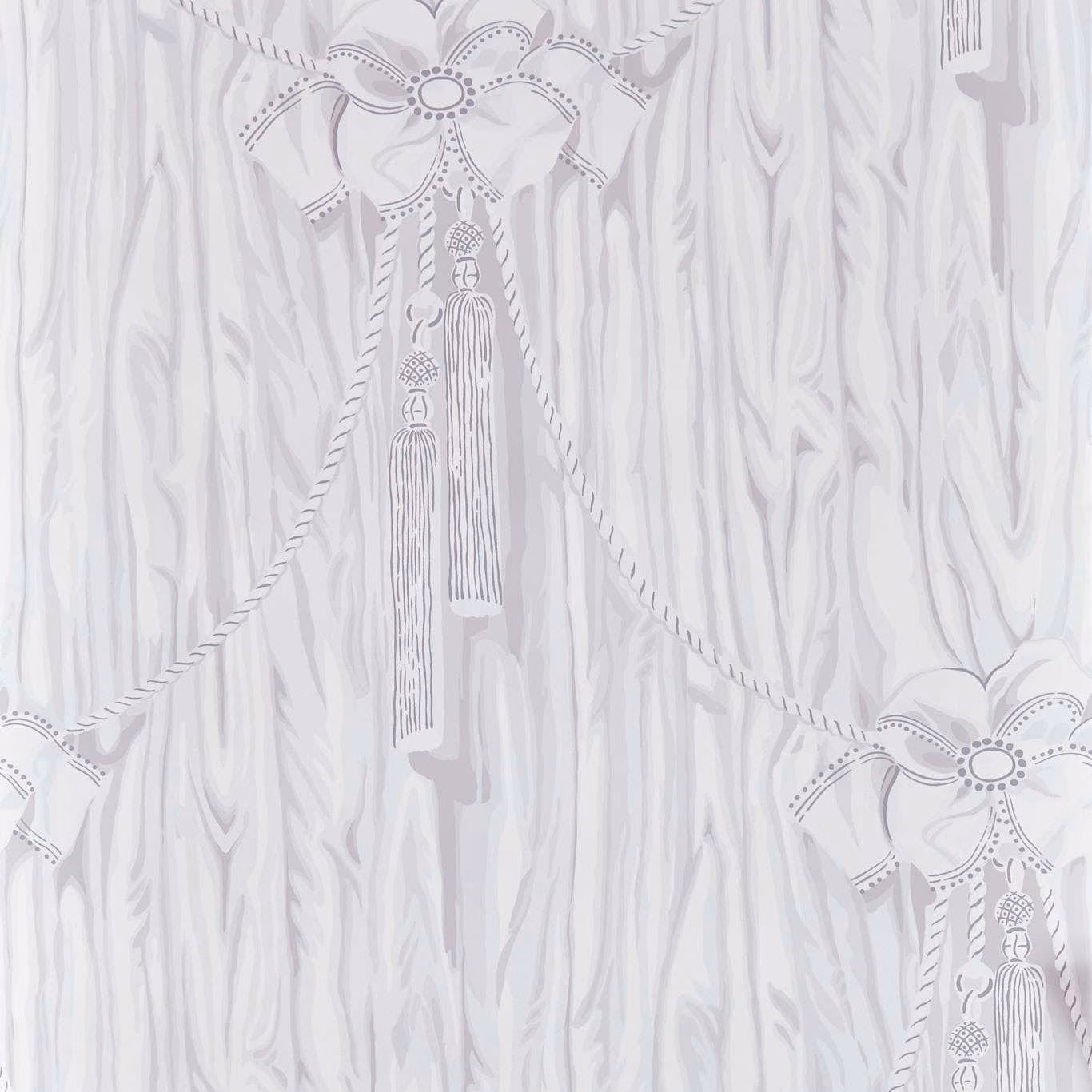 Pale Tyrian lilac wallpaper with ornate bows, tassels and vertical striated lines