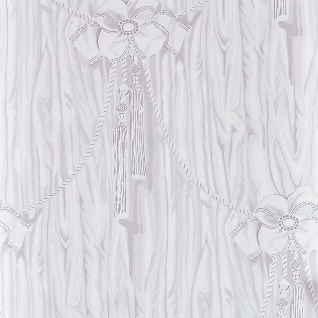 Pale Tyrian lilac wallpaper with ornate bows, tassels and vertical striated lines