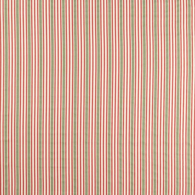 Narrow berry red and leaf green stripes on a cream woven fabric