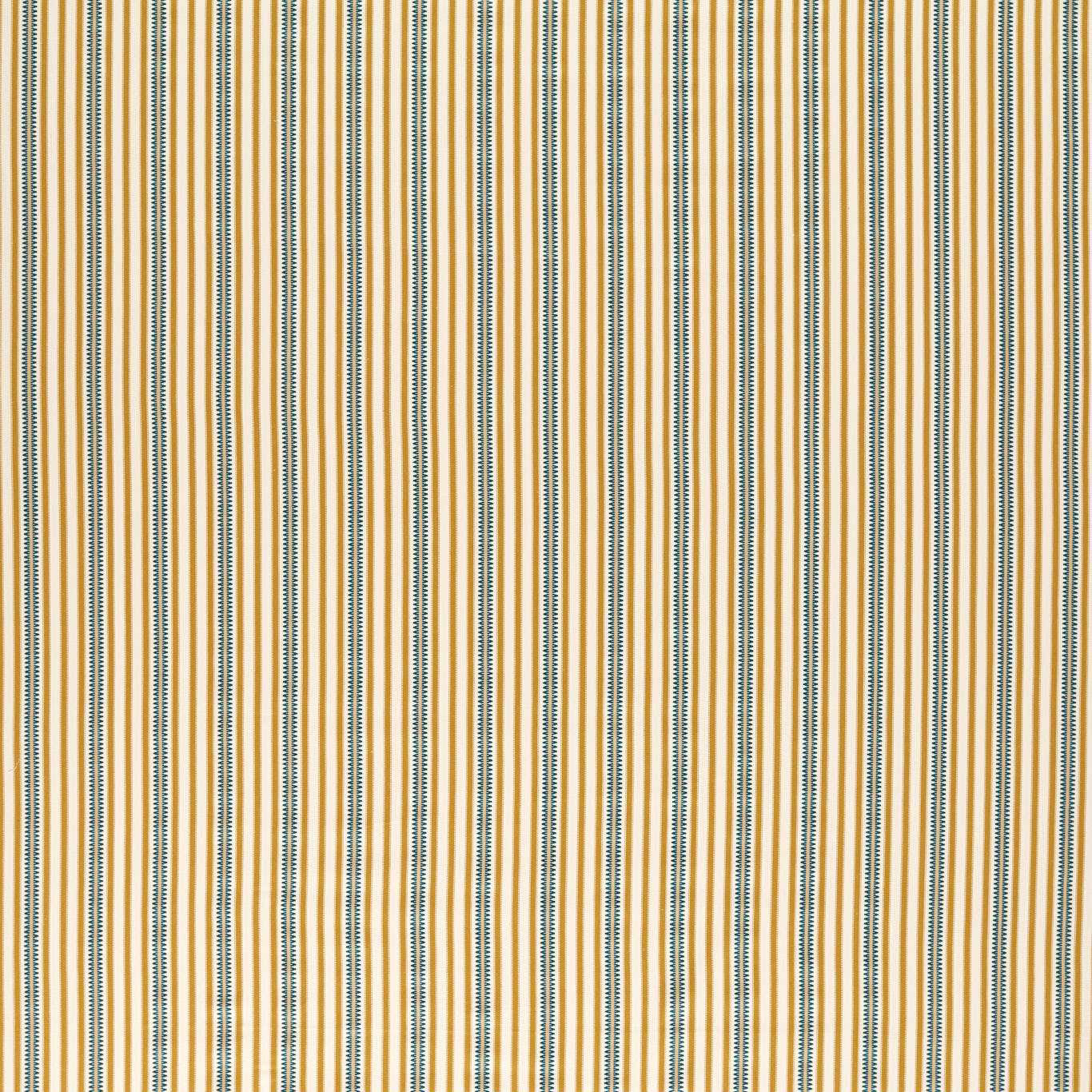 Honey-gold striped fabric with fine teal vertical lines and woven texture