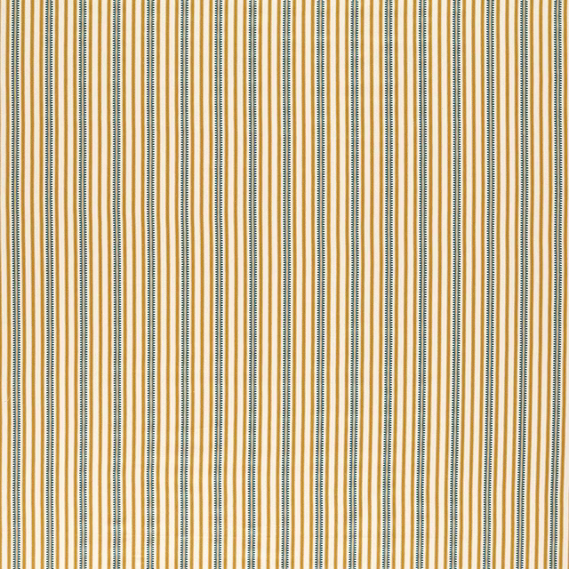 Honey-gold striped fabric with fine teal vertical lines and woven texture