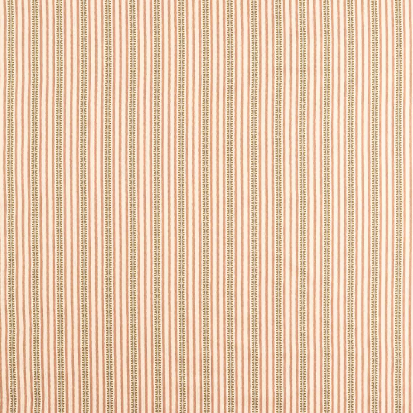 Vertical narrow olive and mallow stripe fabric swatch on a pale ground