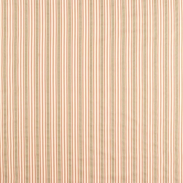 Vertical narrow olive and mallow stripe fabric swatch on a pale ground