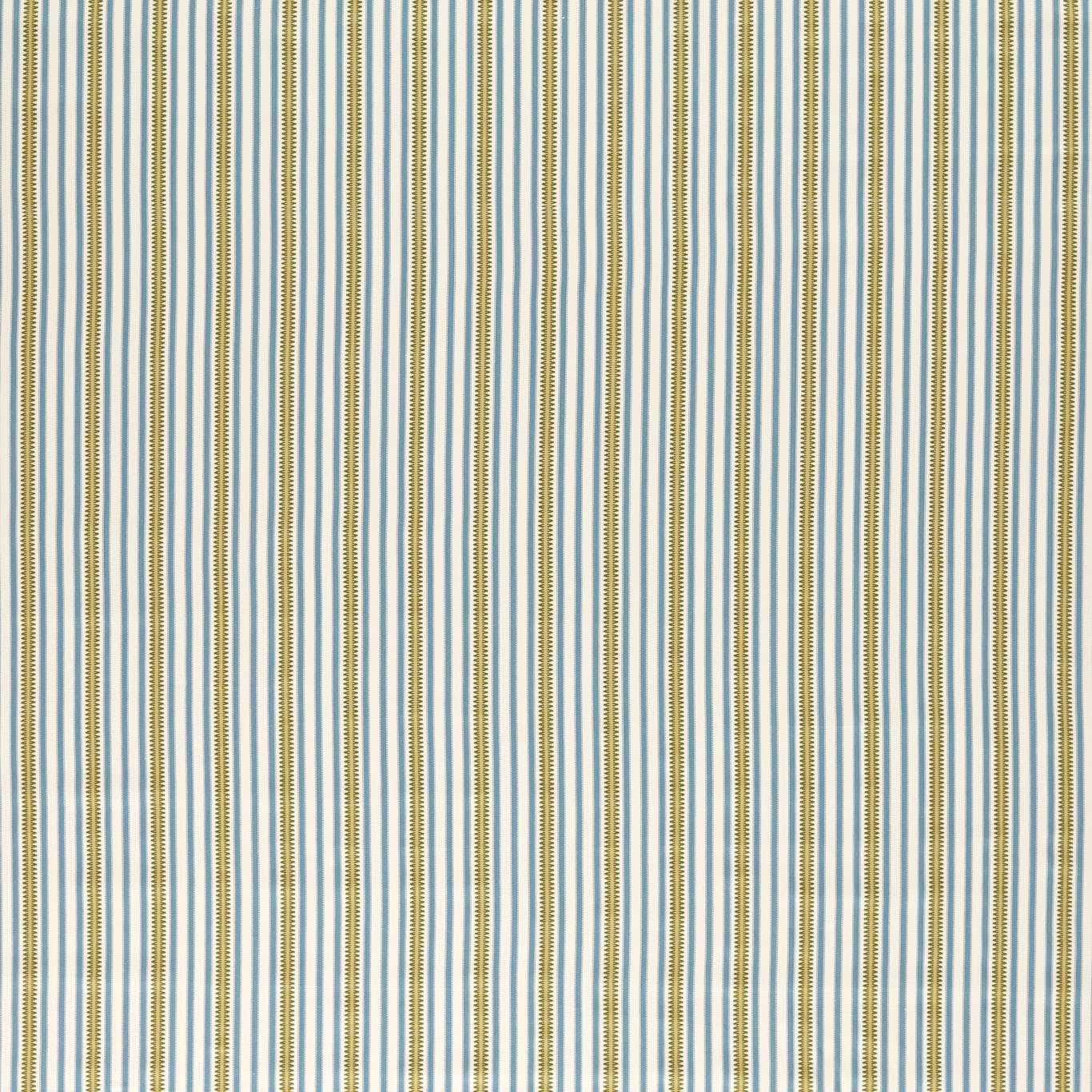 Vertical woad blue and olive pinstripes on a pale woven fabric swatch