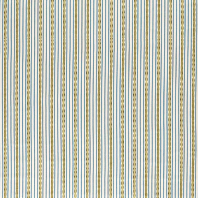 Vertical woad blue and olive pinstripes on a pale woven fabric swatch