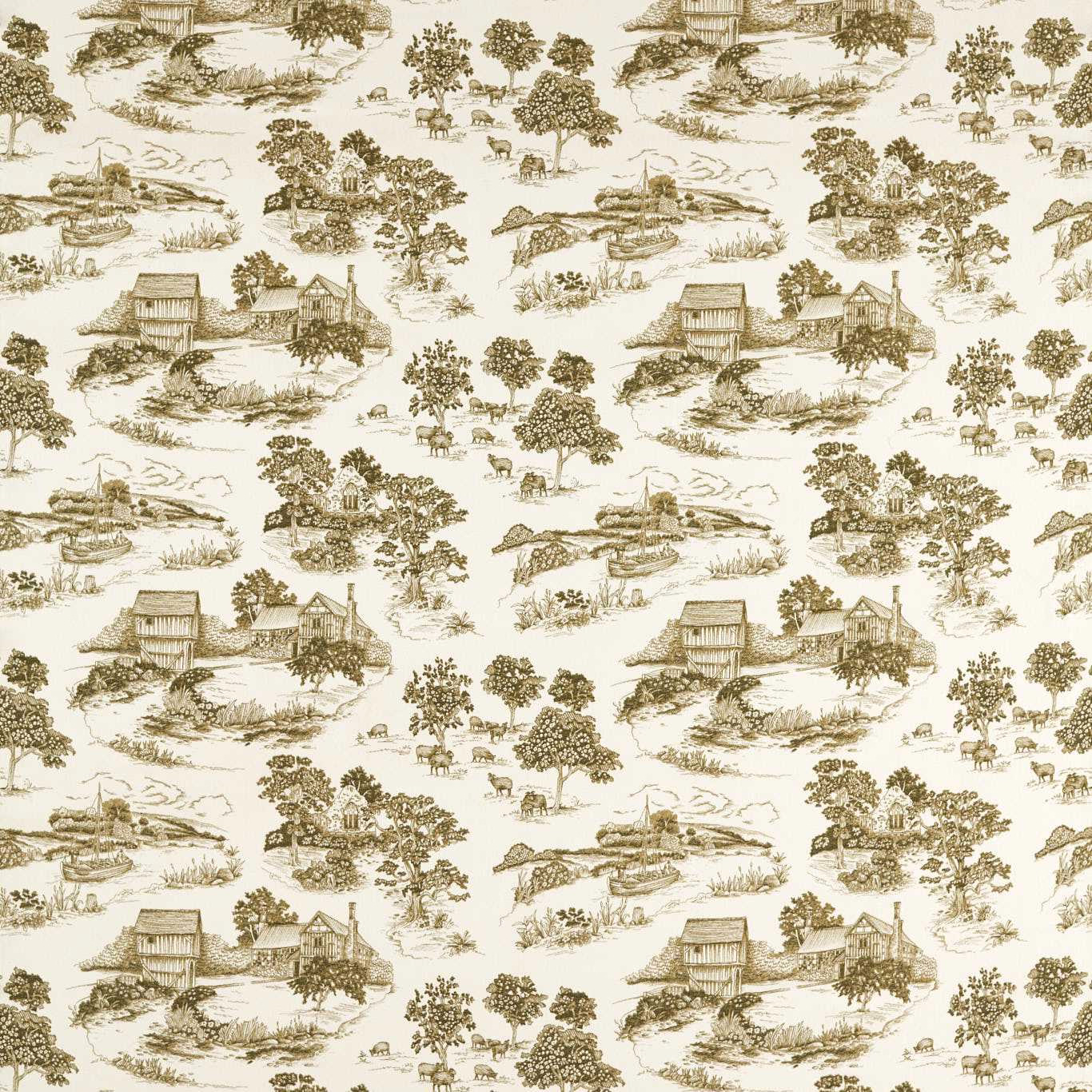 Cream fabric with muted olive scenic countryside print, barns, trees and grazing deer
