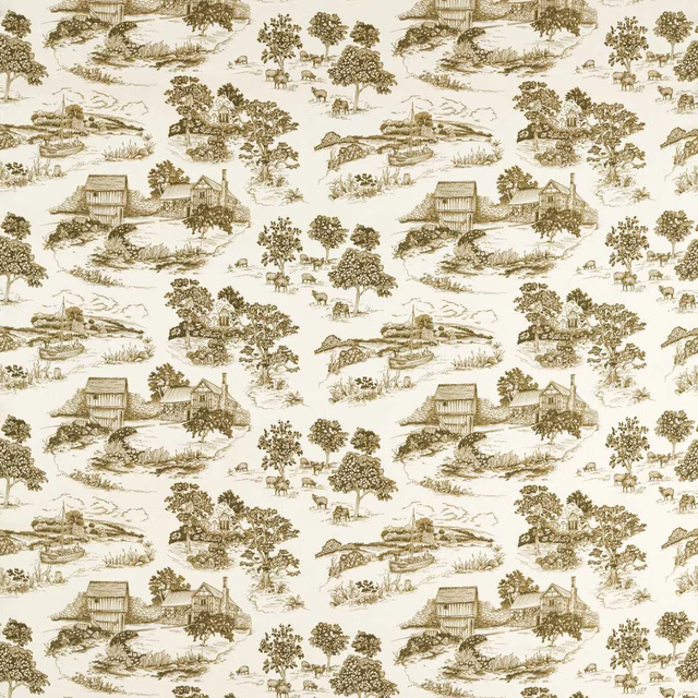 Cream fabric with muted olive scenic countryside print, barns, trees and grazing deer