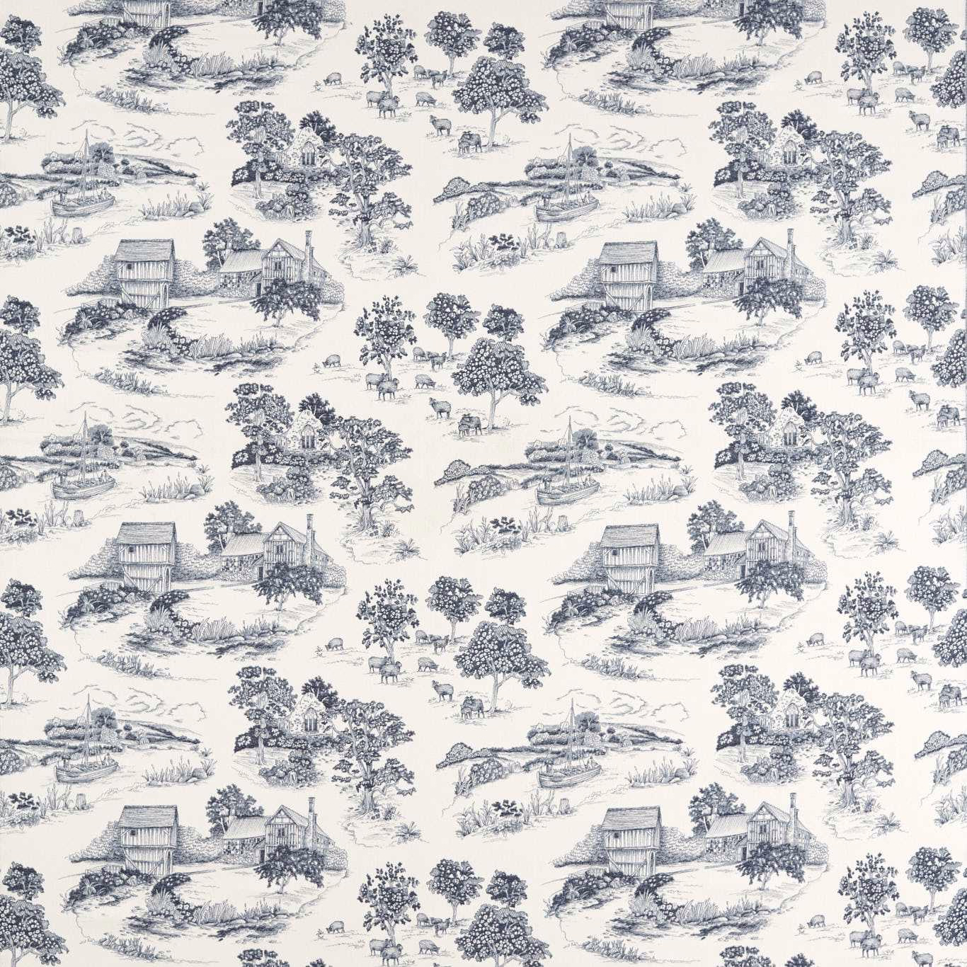 Blue pastoral print on a pale ground with cottages, trees and deer