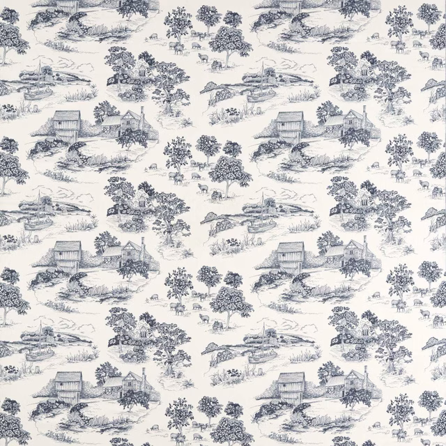 Blue pastoral print on a pale ground with cottages, trees and deer