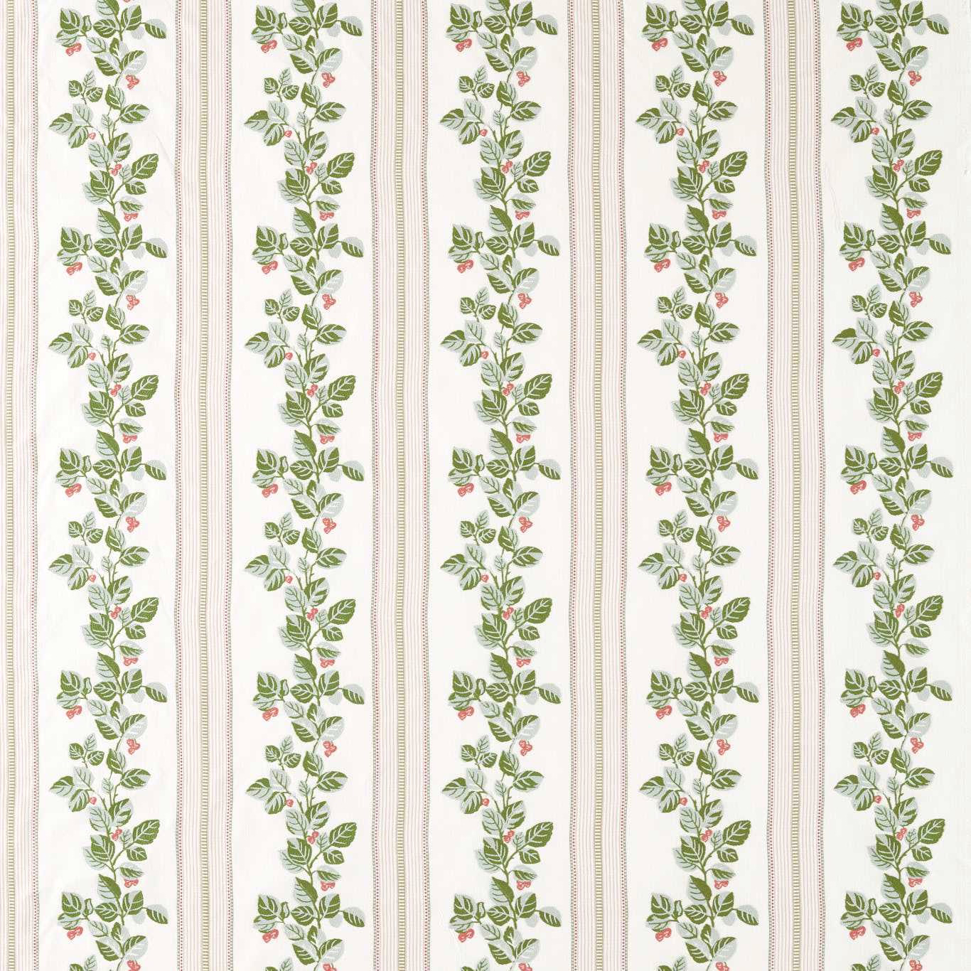 Vertical leaf-green floral stripes with tiny berry accents on an ivory ground