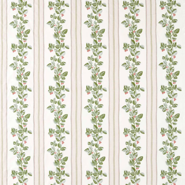 Vertical leaf-green floral stripes with tiny berry accents on an ivory ground
